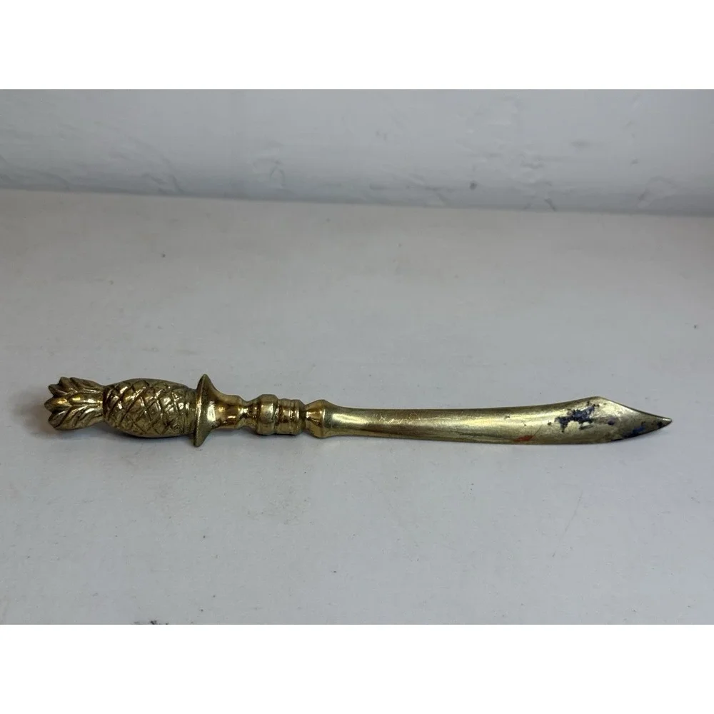 Vintage Solid Brass Pineapple Letter Opener Scimitar Sword Desk Accessory Office
